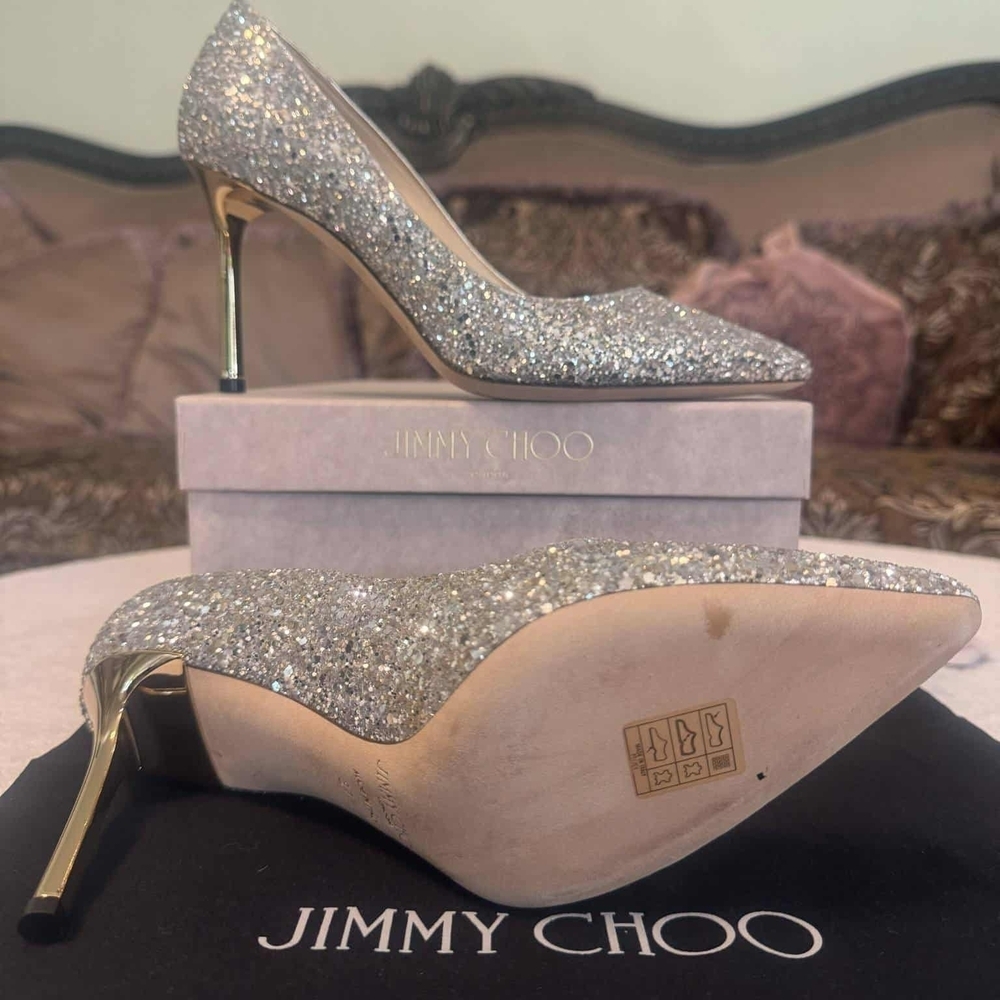 Jimmy Choo Glittering Silver Heels with Gold Accents